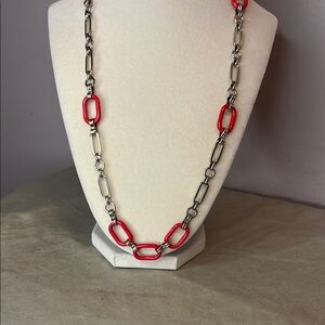 Banana Republic Silver Tone Paperclip Necklace With Red Colored Enamel Sides 33"